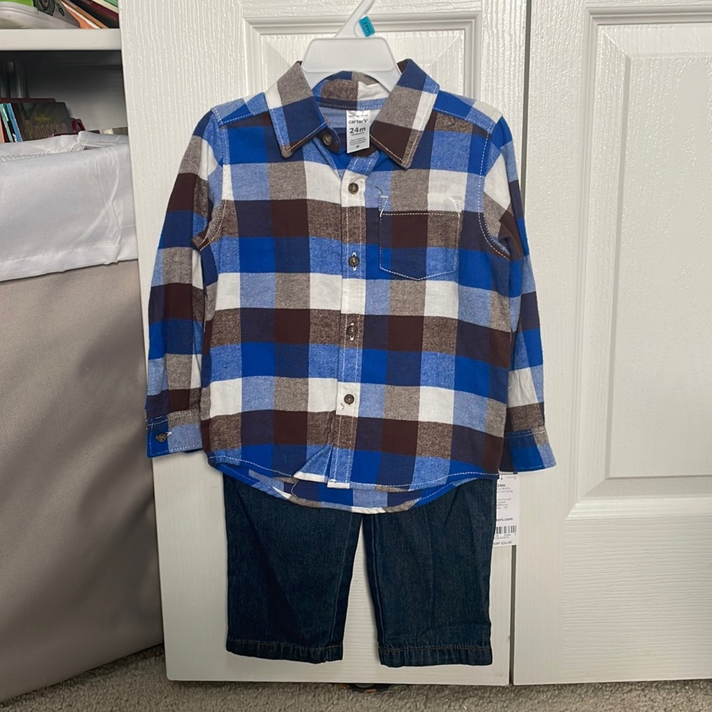 Carter’s  plaid flannel button down with jeans. Boys 24 months.